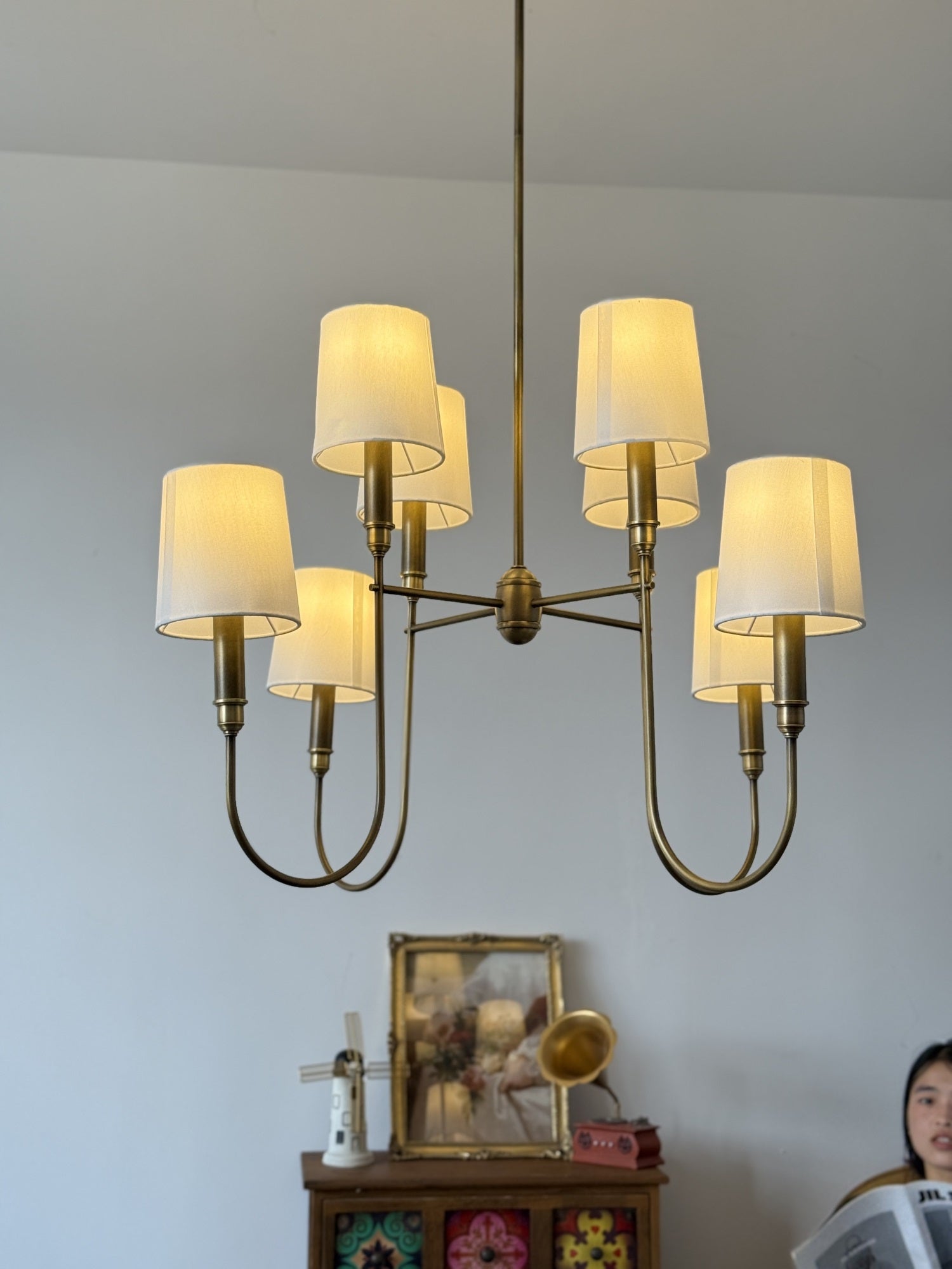 Rod Iron Chandelier with Fabric Shade – Traditional Pendant Lamp
