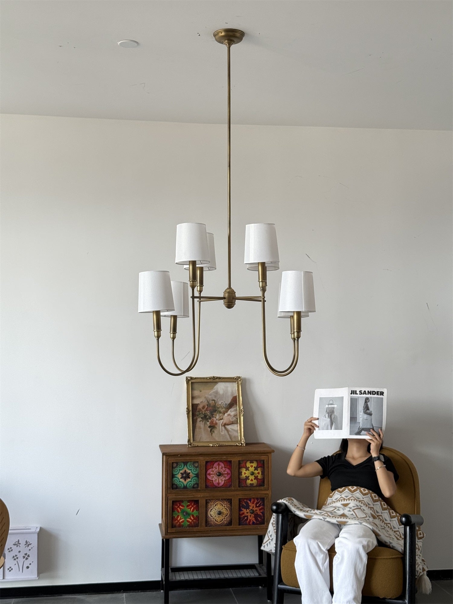 Rod Iron Chandelier with Fabric Shade – Traditional Pendant Lamp