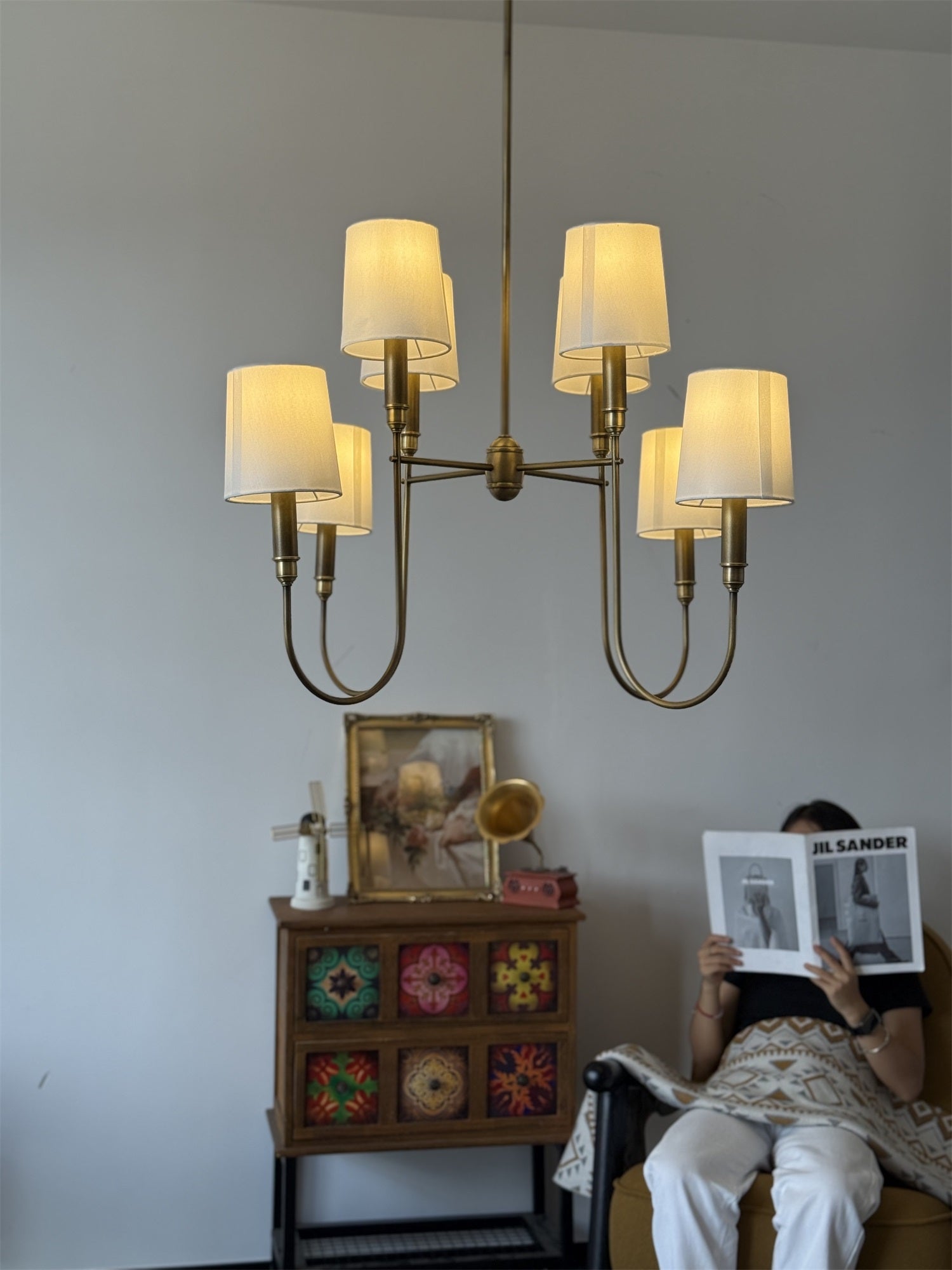 Rod Iron Chandelier with Fabric Shade – Traditional Pendant Lamp