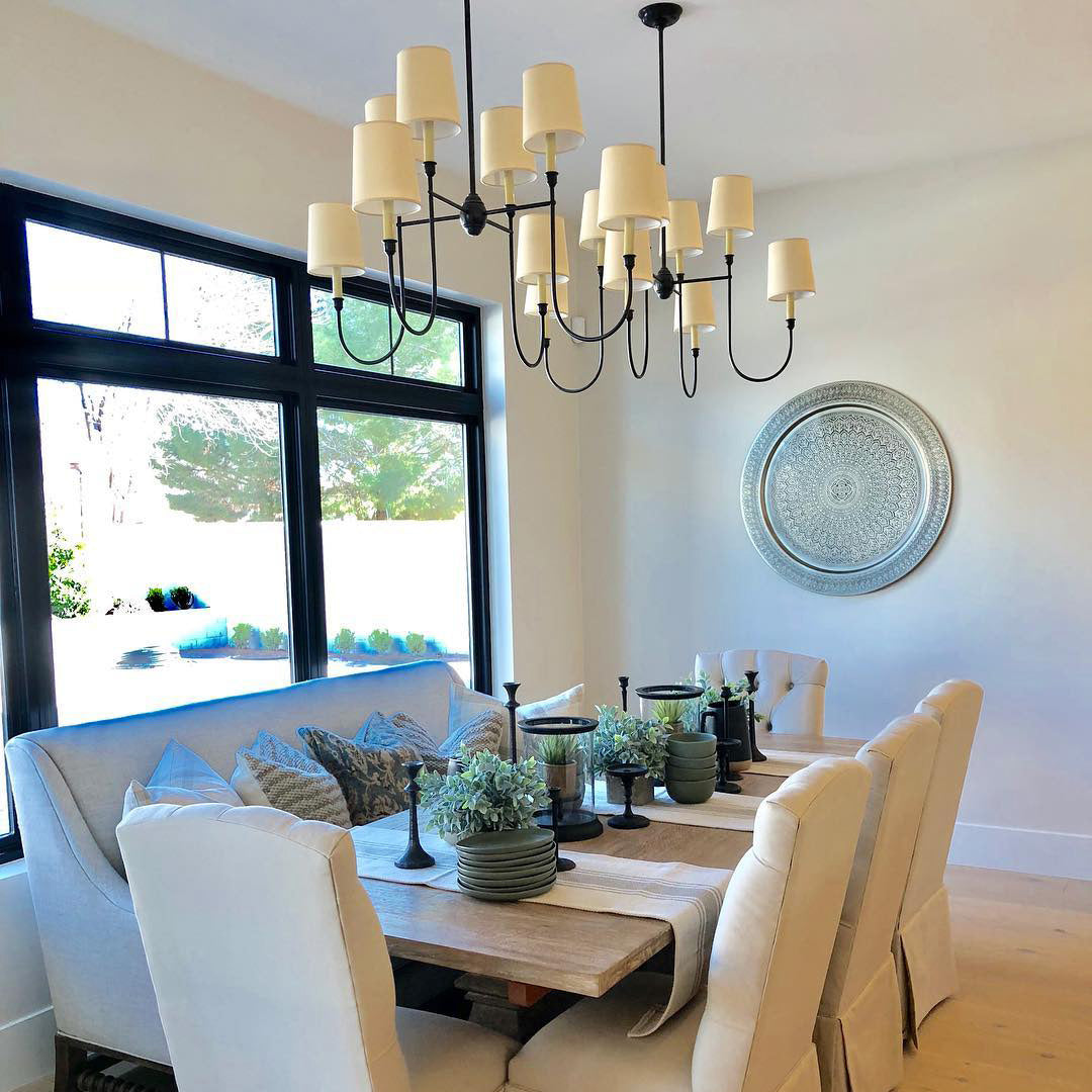 Rod Iron Chandelier with Fabric Shade – Traditional Pendant Lamp