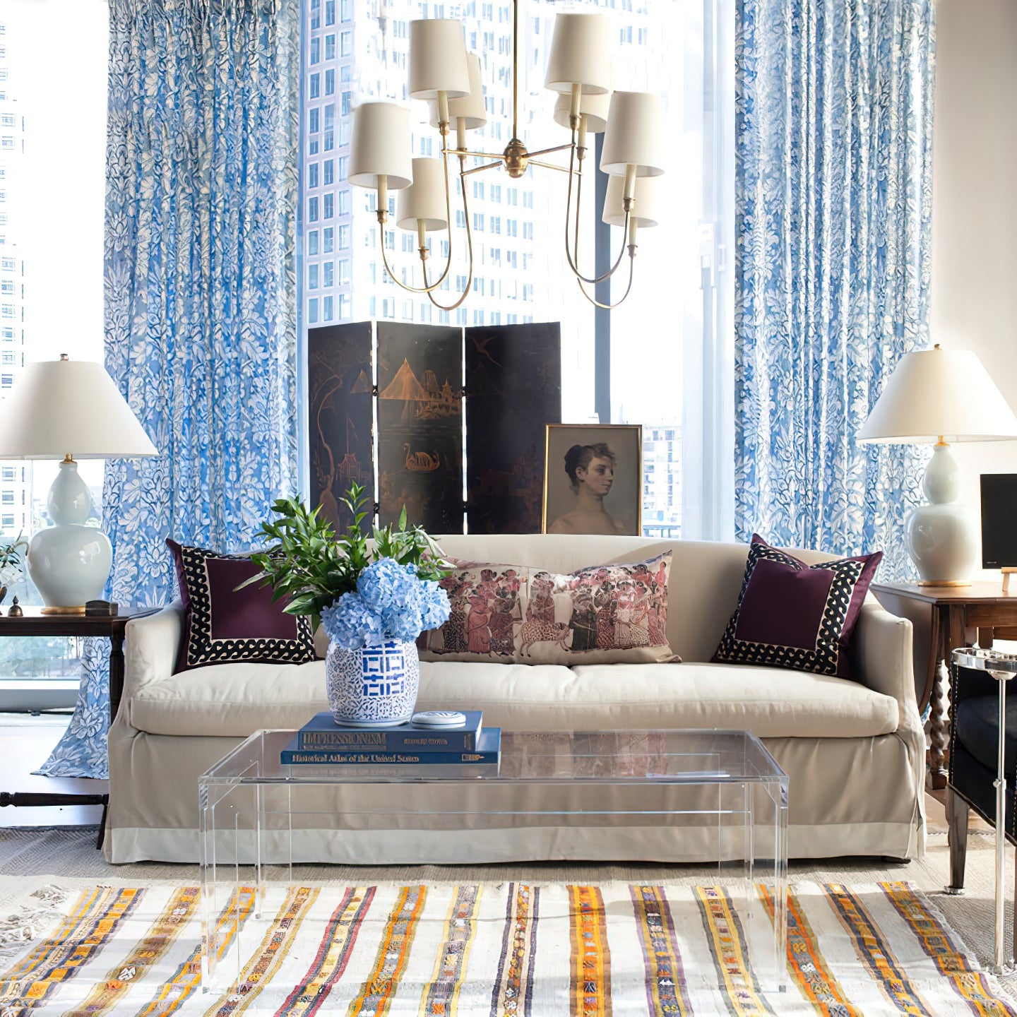 Rod Iron Chandelier with Fabric Shade – Traditional Pendant Lamp