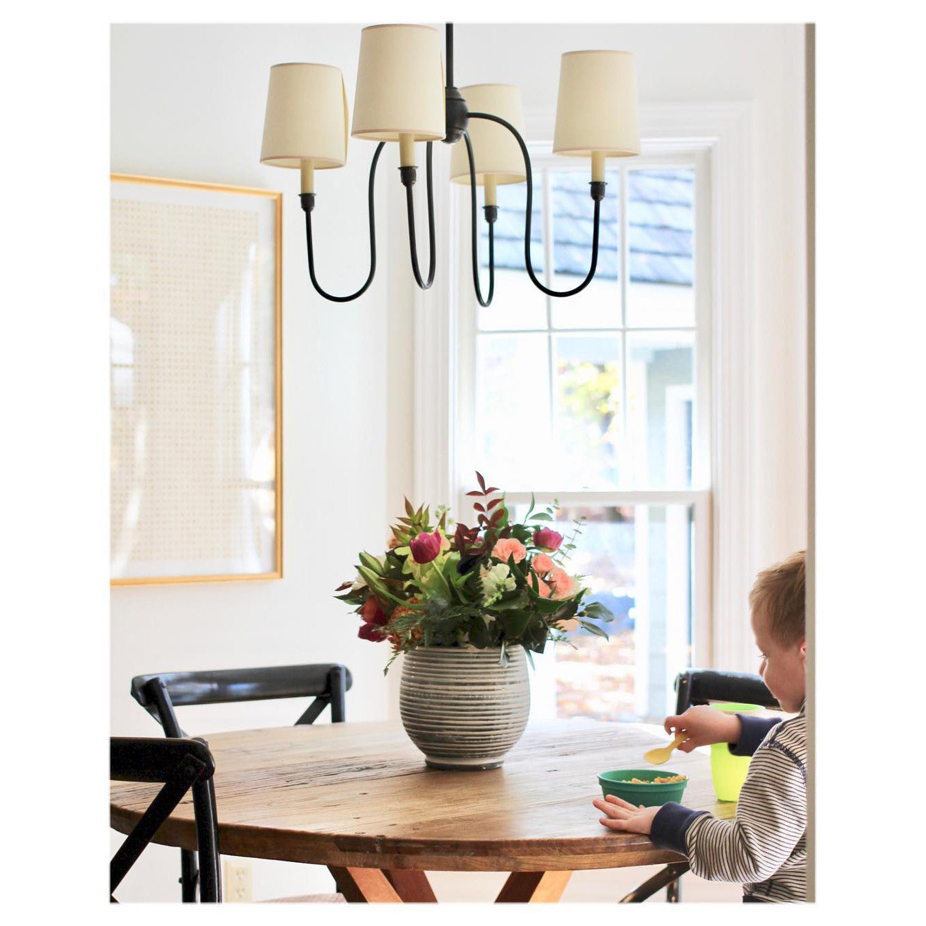 Rod Iron Chandelier with Fabric Shade – Traditional Pendant Lamp