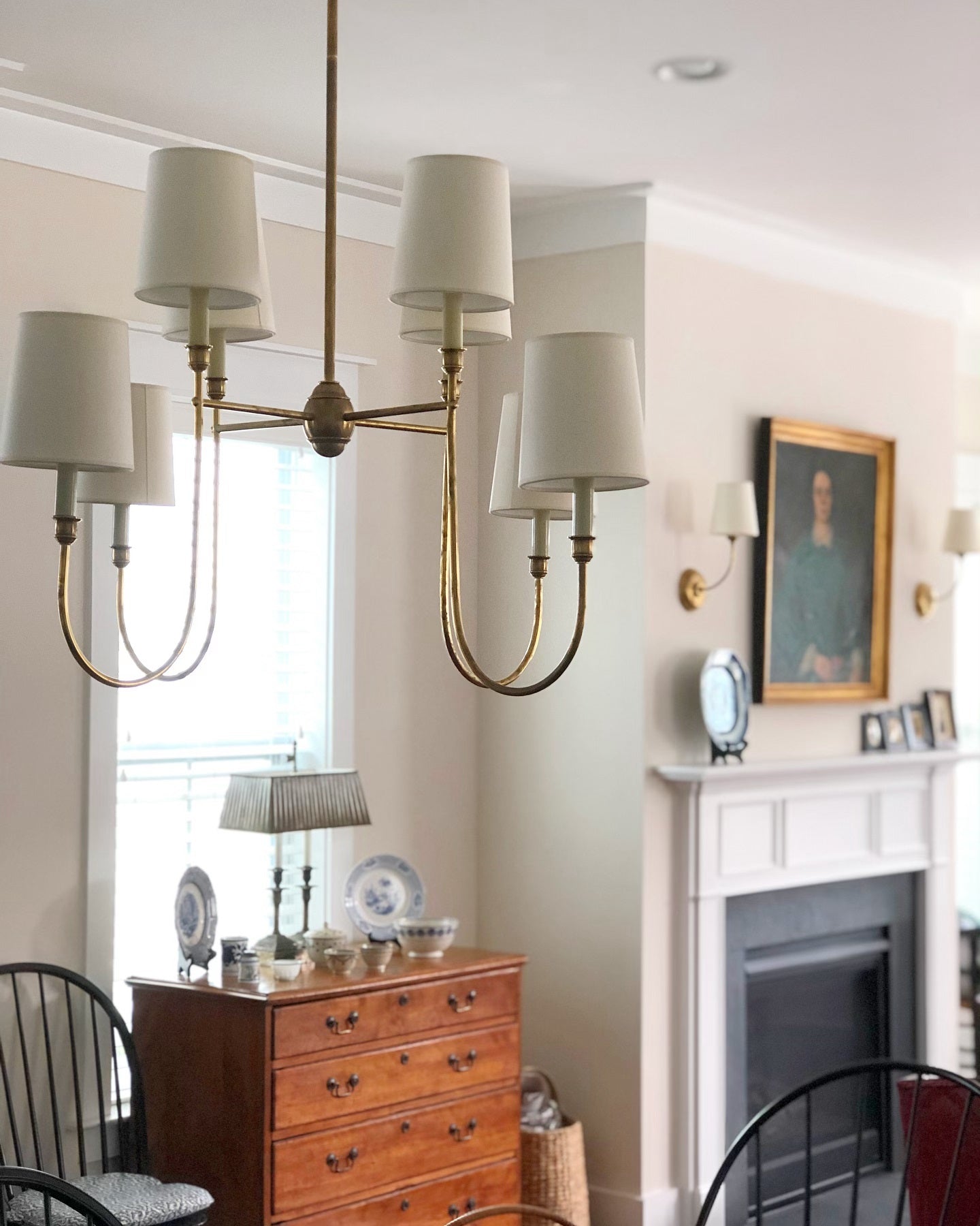 Rod Iron Chandelier with Fabric Shade – Traditional Pendant Lamp