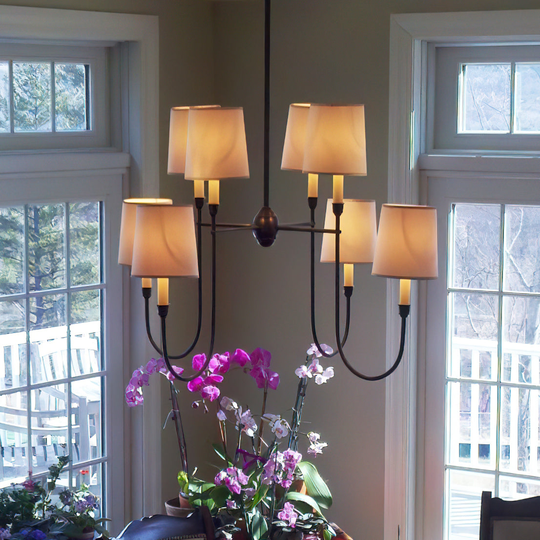 Rod Iron Chandelier with Fabric Shade – Traditional Pendant Lamp