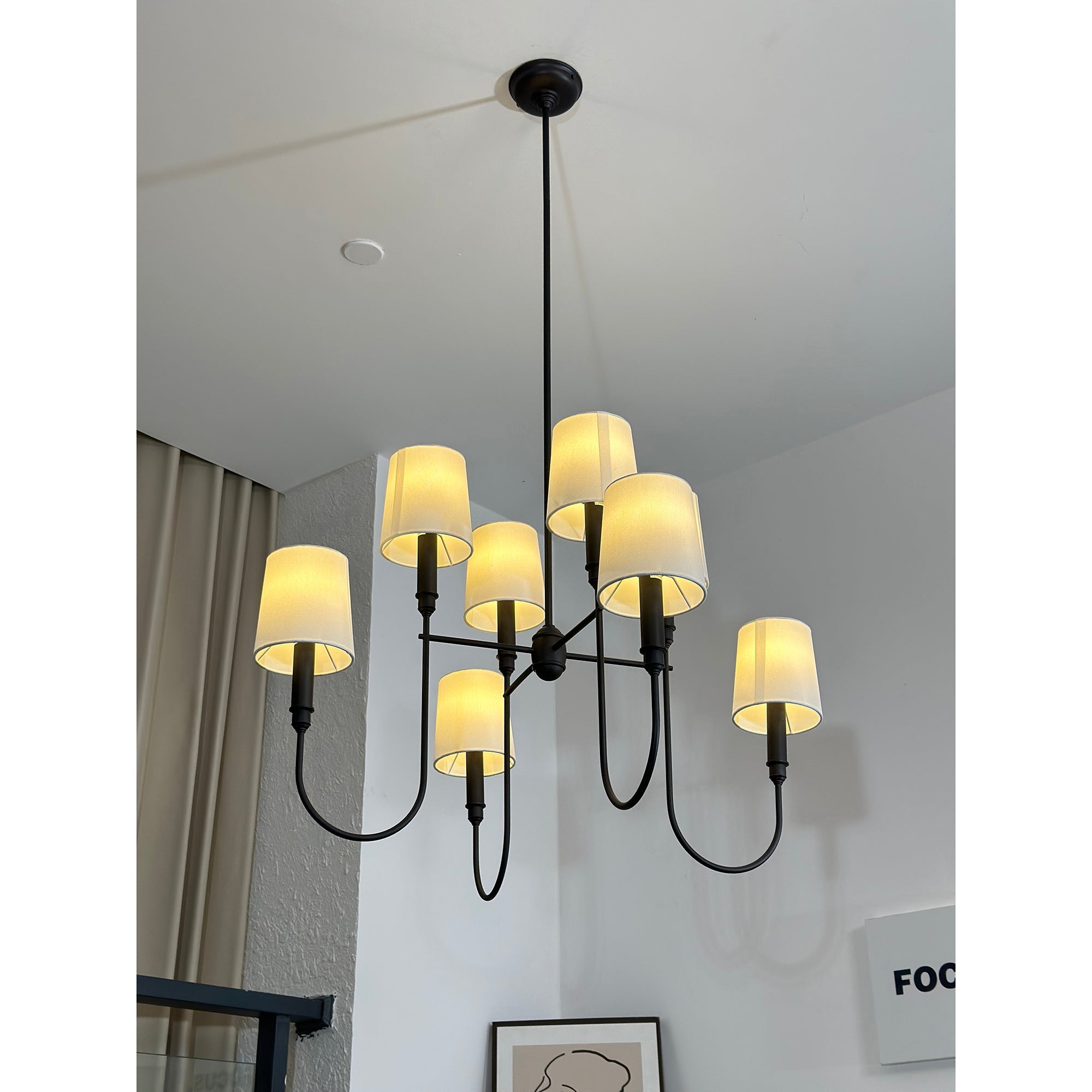 Rod Iron Chandelier with Fabric Shade – Traditional Pendant Lamp