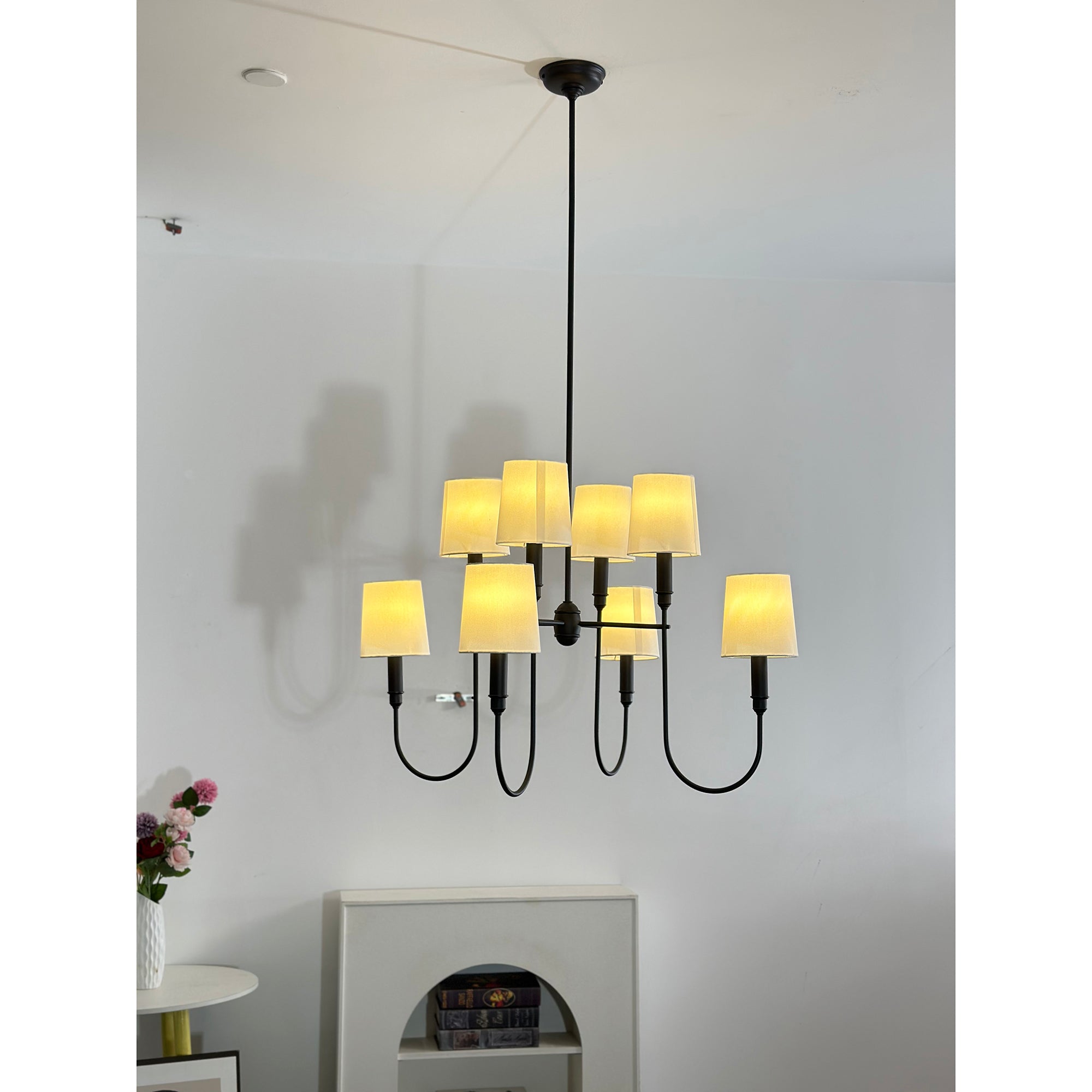 Rod Iron Chandelier with Fabric Shade – Traditional Pendant Lamp