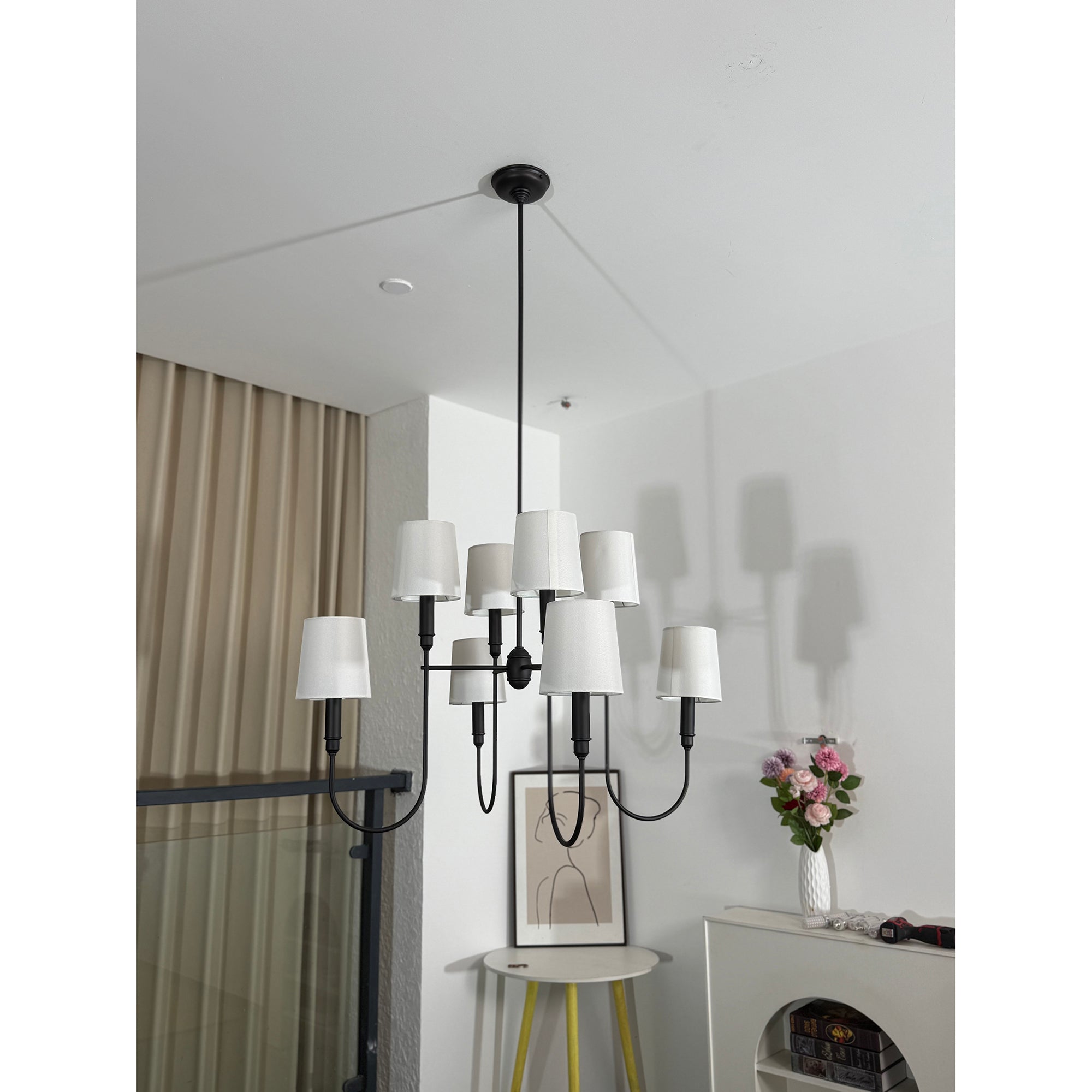 Rod Iron Chandelier with Fabric Shade – Traditional Pendant Lamp