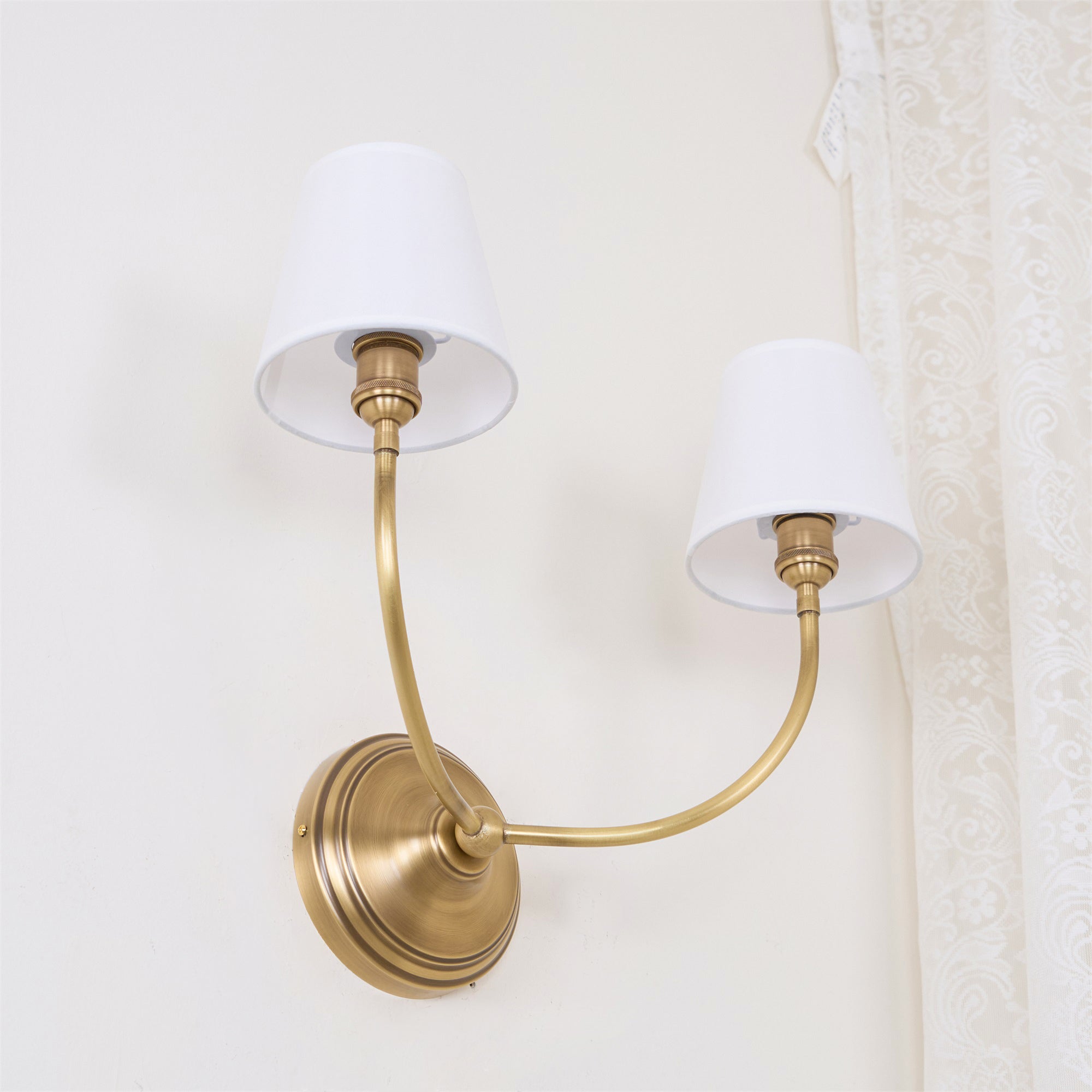 Brass Wall Sconce with Fabric Lampshade – Dual Head Lighting