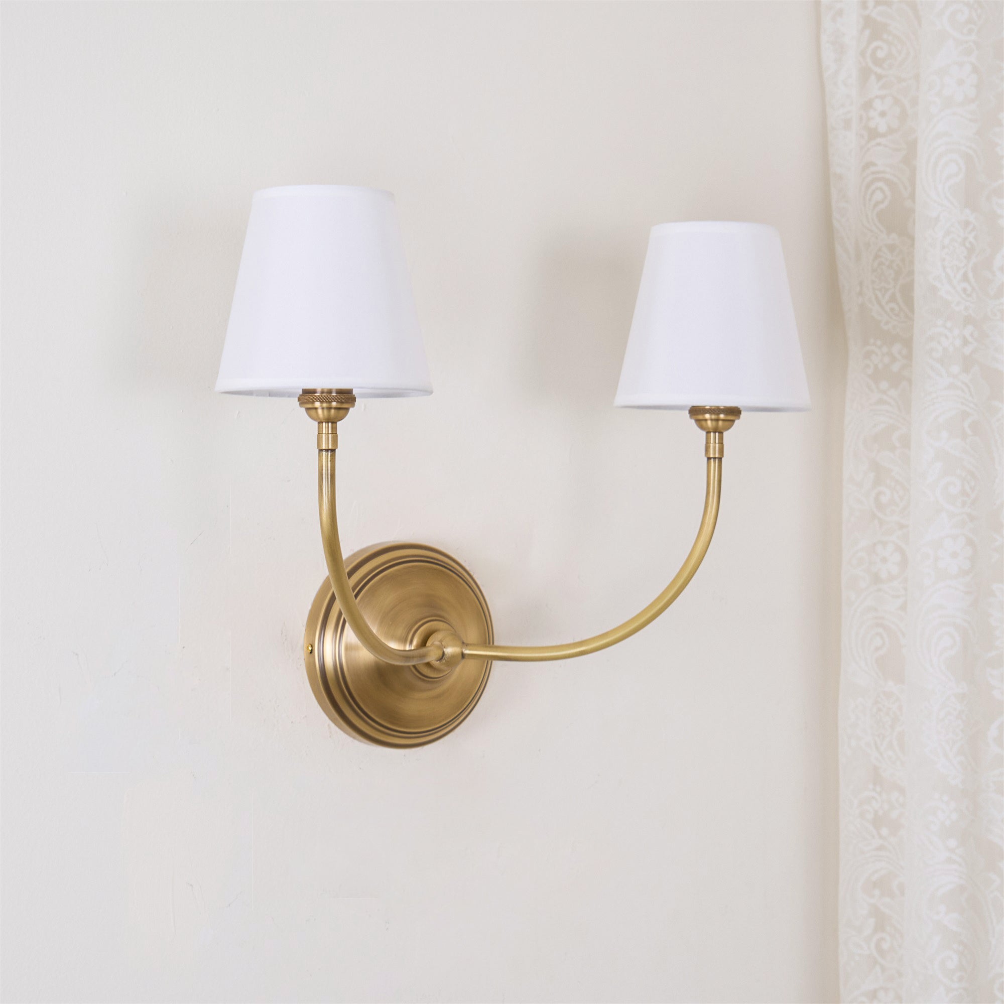 Brass Wall Sconce with Fabric Lampshade – Dual Head Lighting