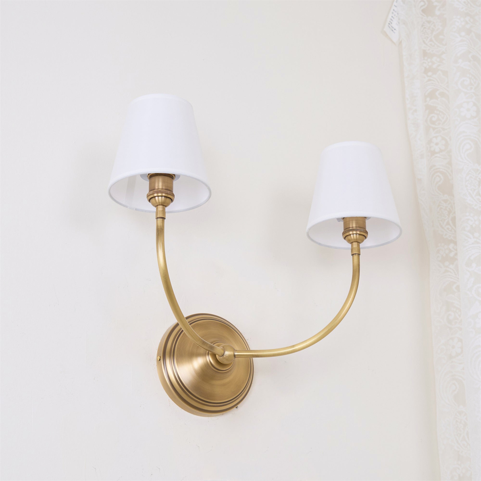 Brass Wall Sconce with Fabric Lampshade – Dual Head Lighting
