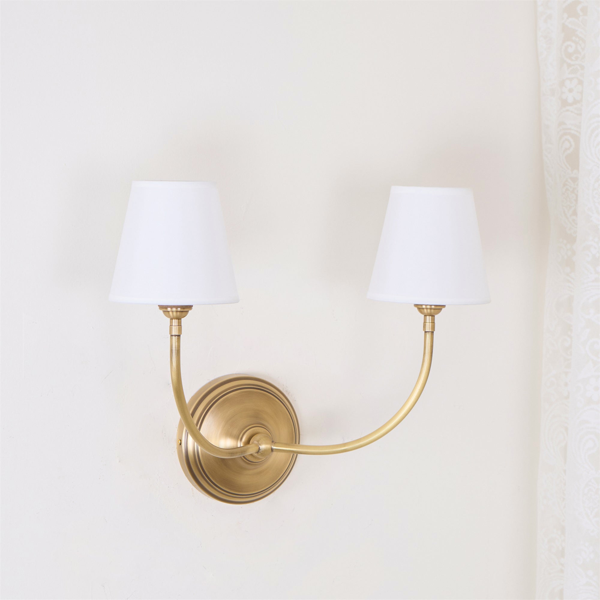 Brass Wall Sconce with Fabric Lampshade – Dual Head Lighting