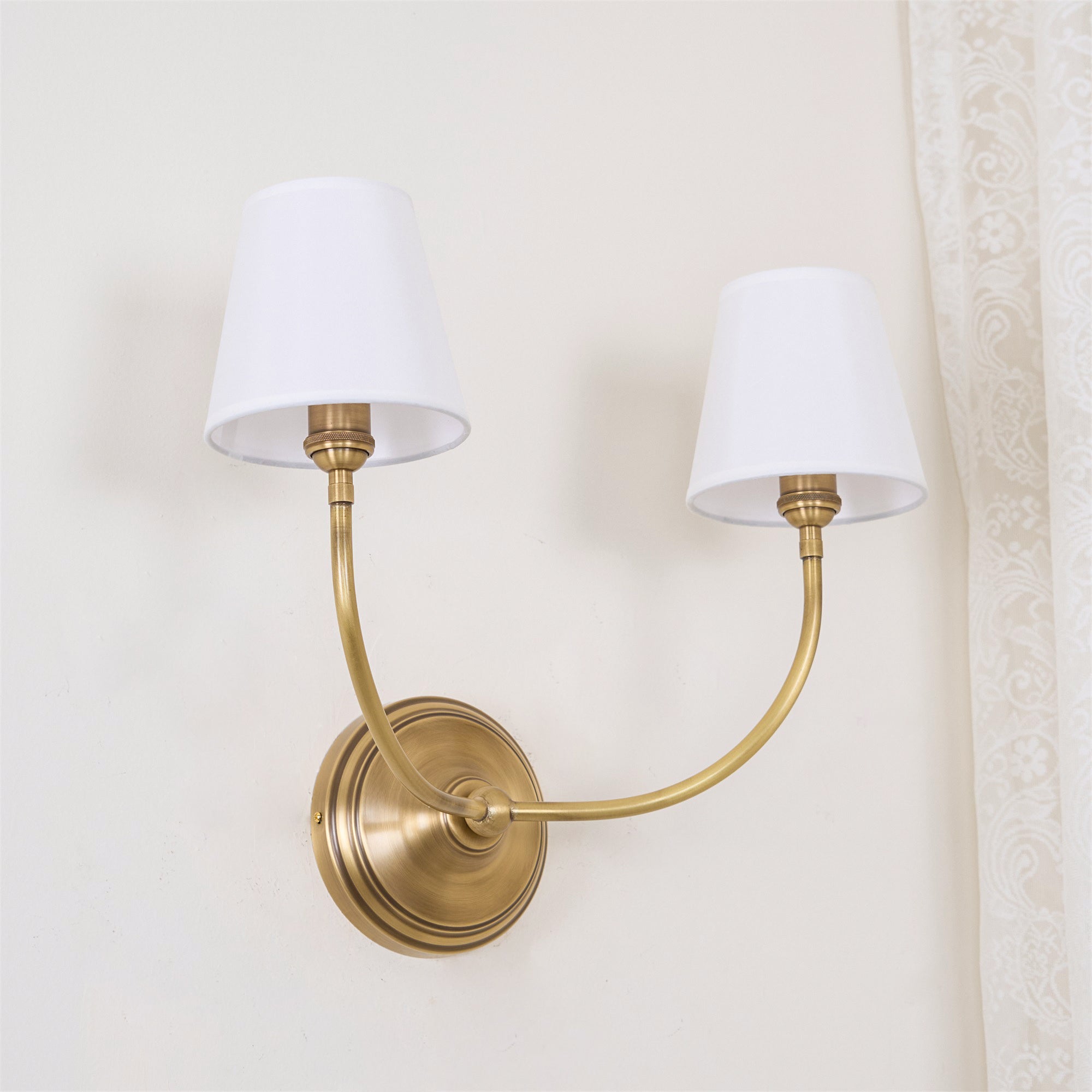 Brass Wall Sconce with Fabric Lampshade – Dual Head Lighting