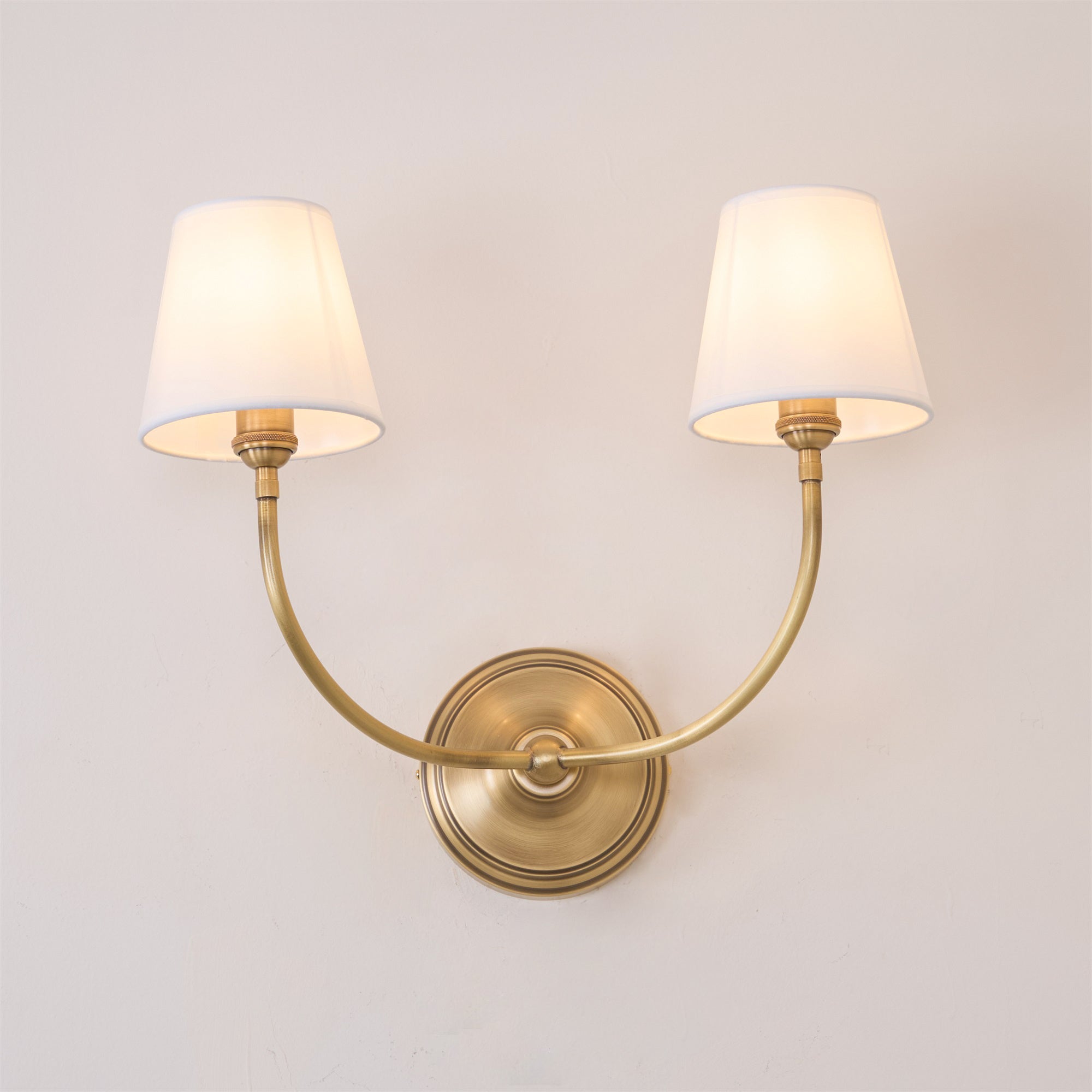 Brass Wall Sconce with Fabric Lampshade – Dual Head Lighting