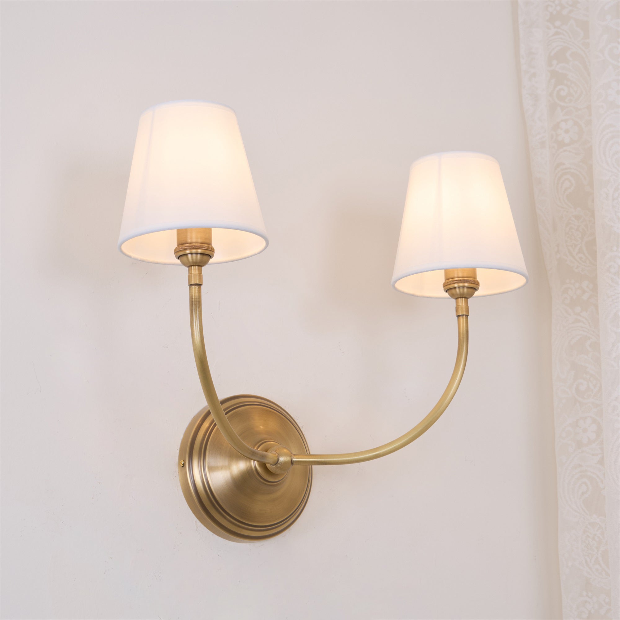 Brass Wall Sconce with Fabric Lampshade – Dual Head Lighting