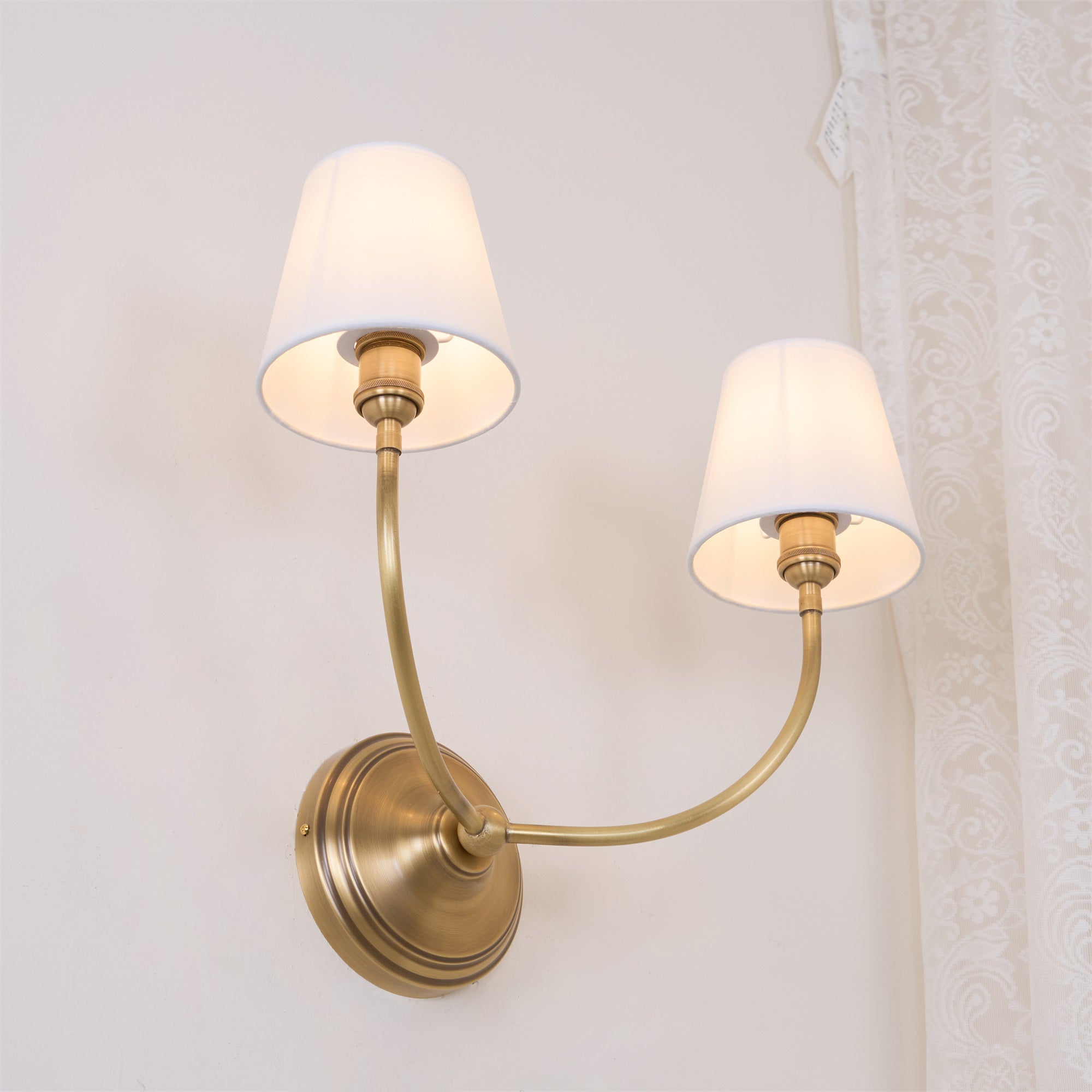 Brass Wall Sconce with Fabric Lampshade – Dual Head Lighting