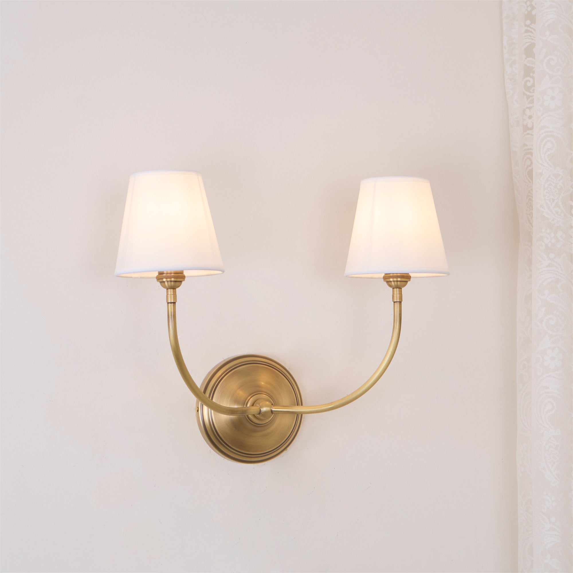 Brass Wall Sconce with Fabric Lampshade – Dual Head Lighting