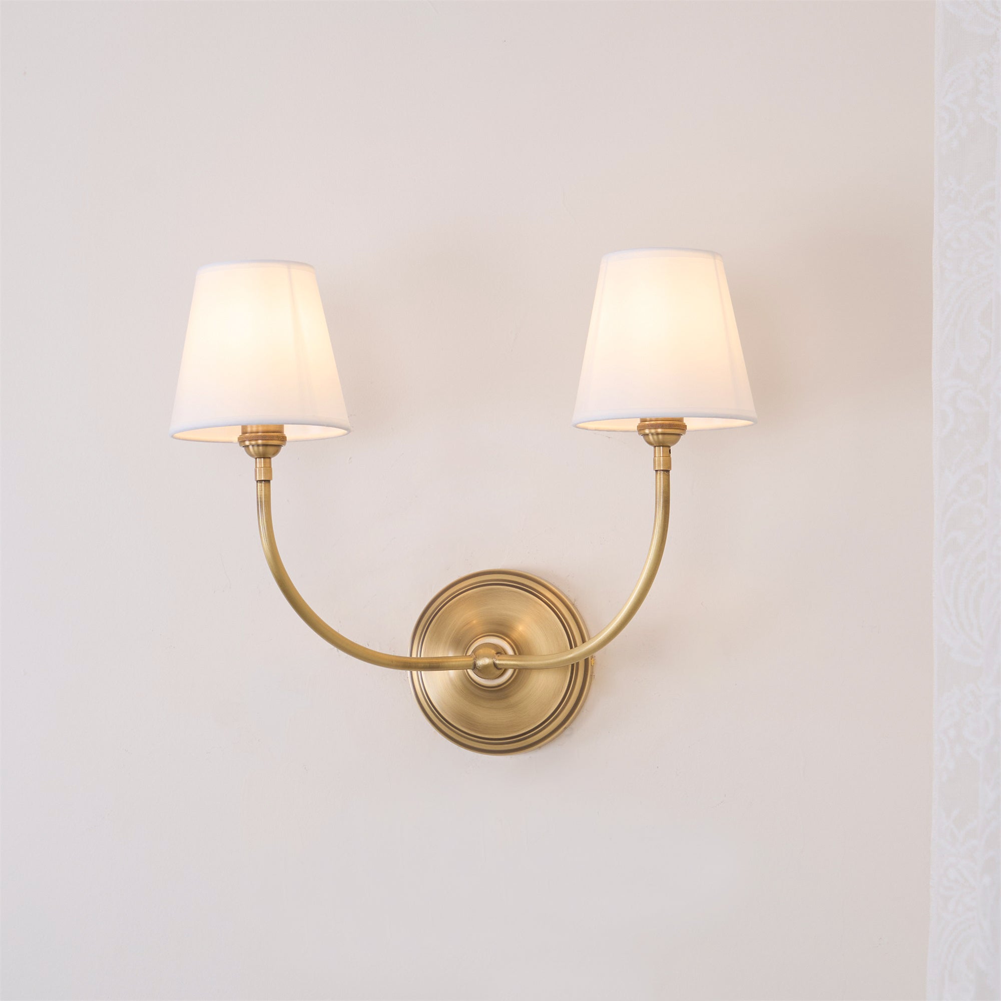 Brass Wall Sconce with Fabric Lampshade – Dual Head Lighting