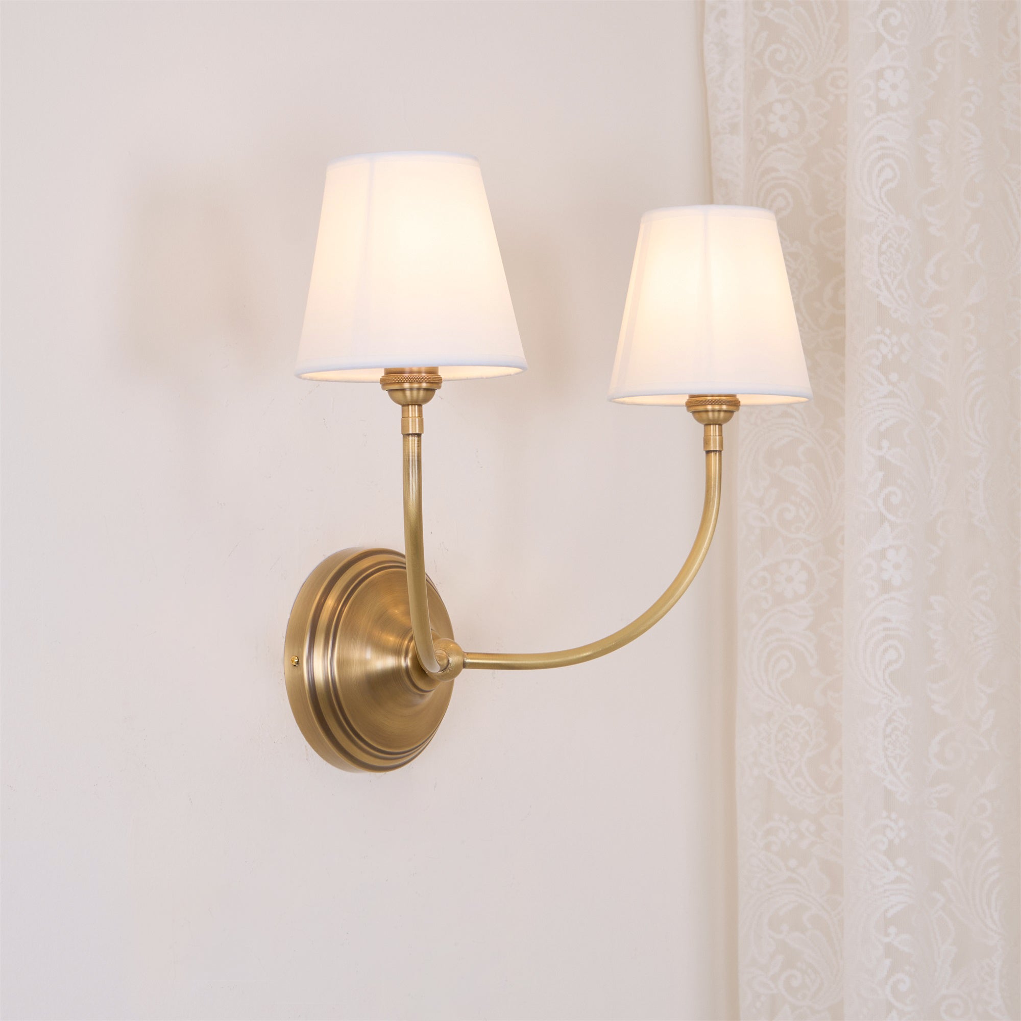Brass Wall Sconce with Fabric Lampshade – Dual Head Lighting