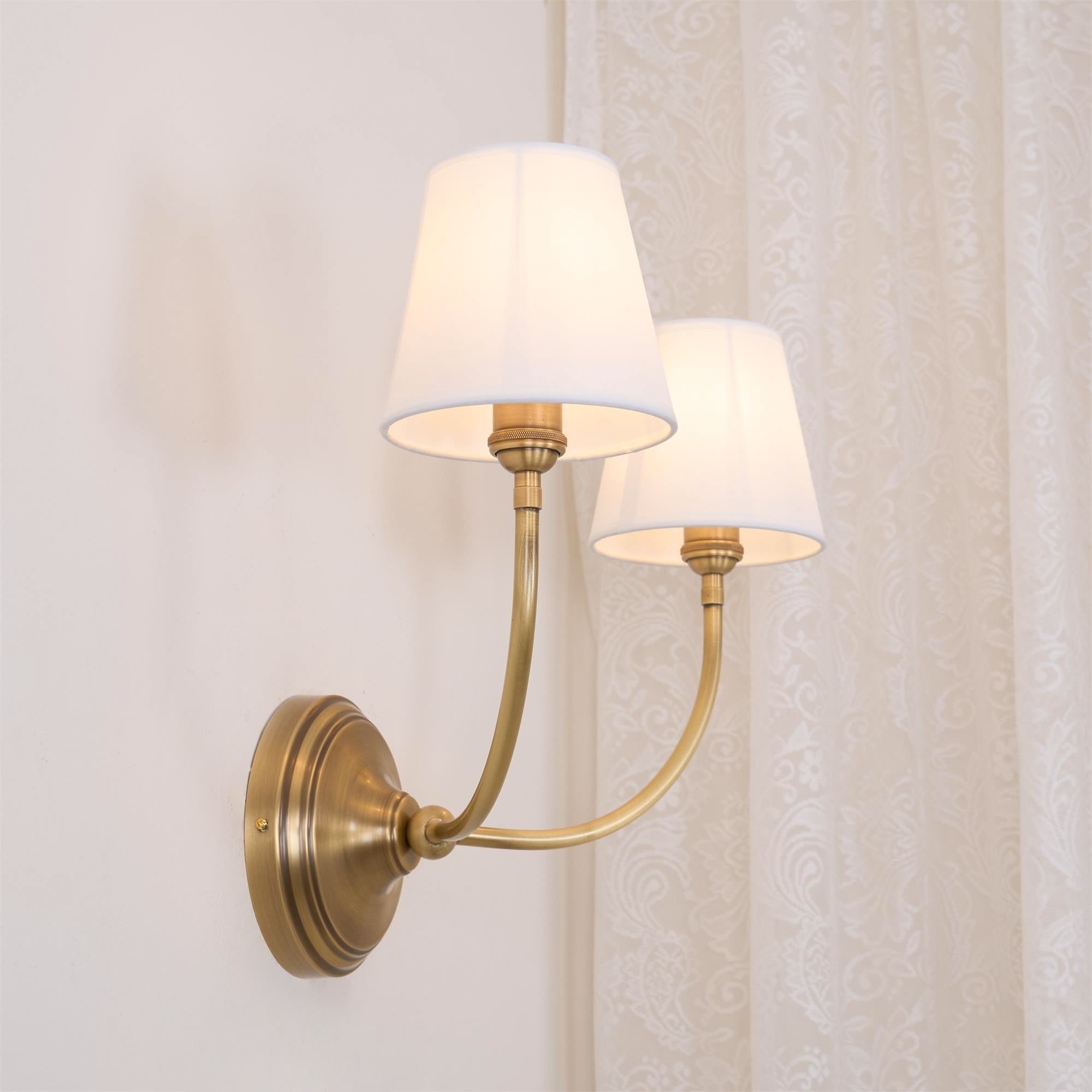 Brass Wall Sconce with Fabric Lampshade – Dual Head Lighting