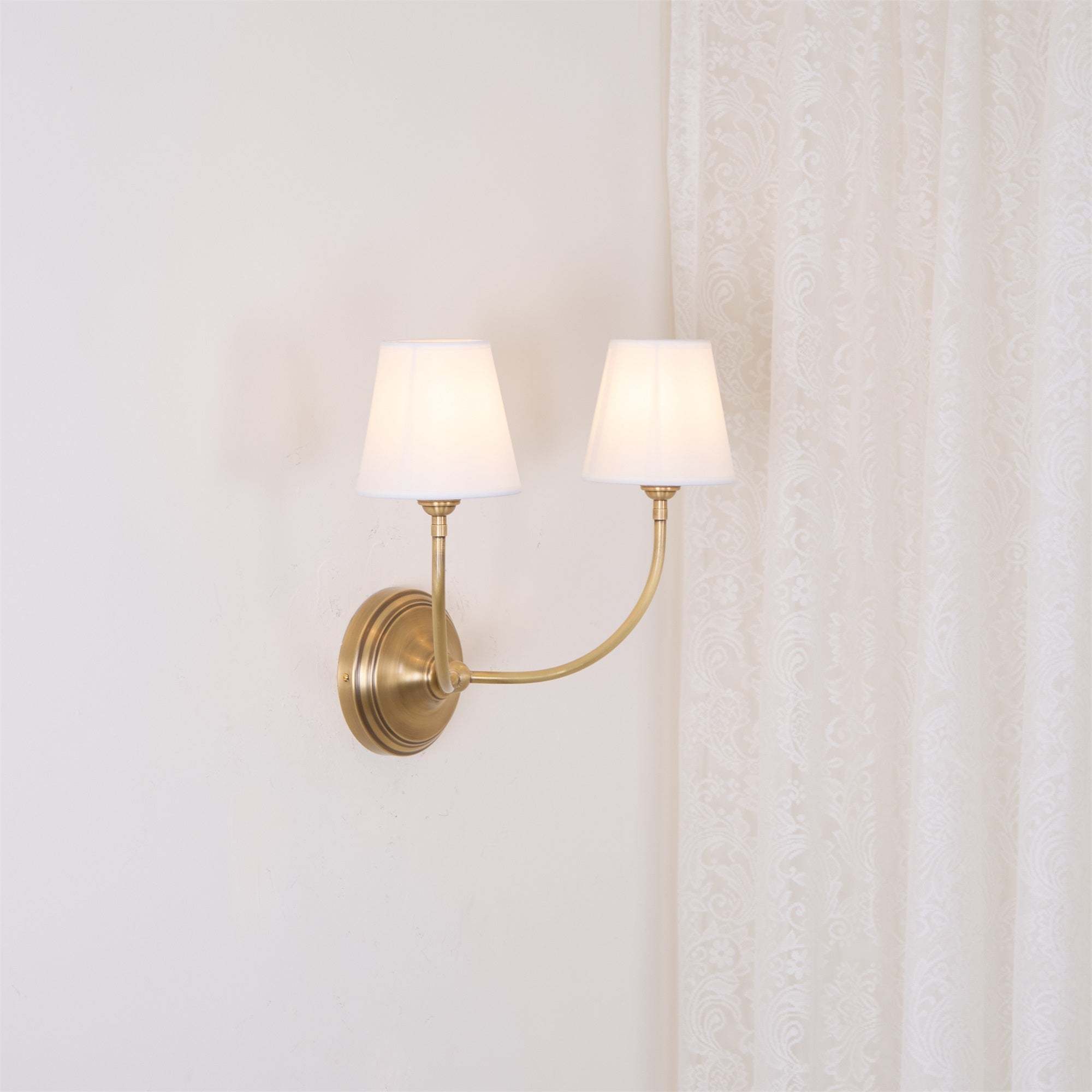 Brass Wall Sconce with Fabric Lampshade – Dual Head Lighting