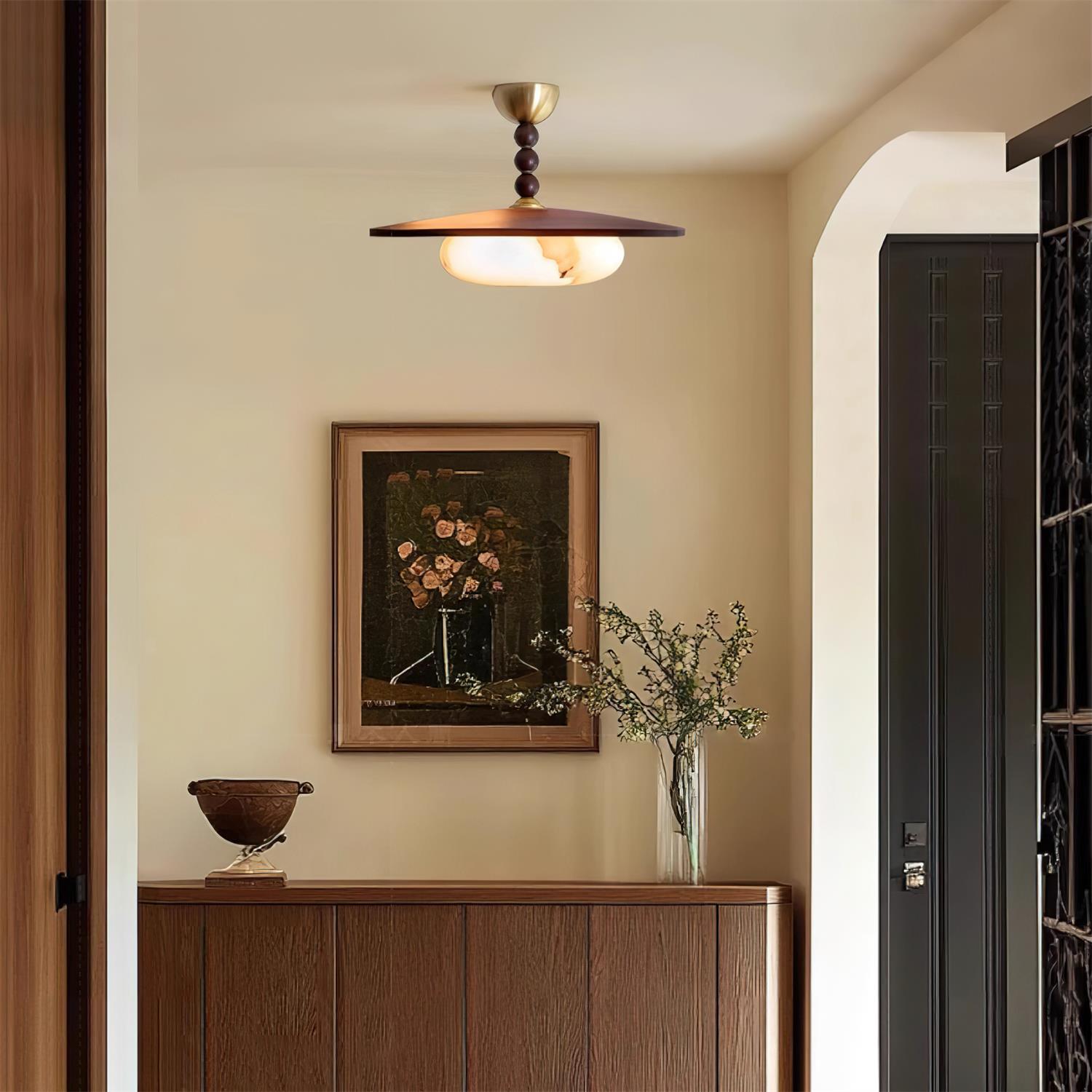 Metal and Wood Ceiling Lamp with Alabaster-Style Diffuser