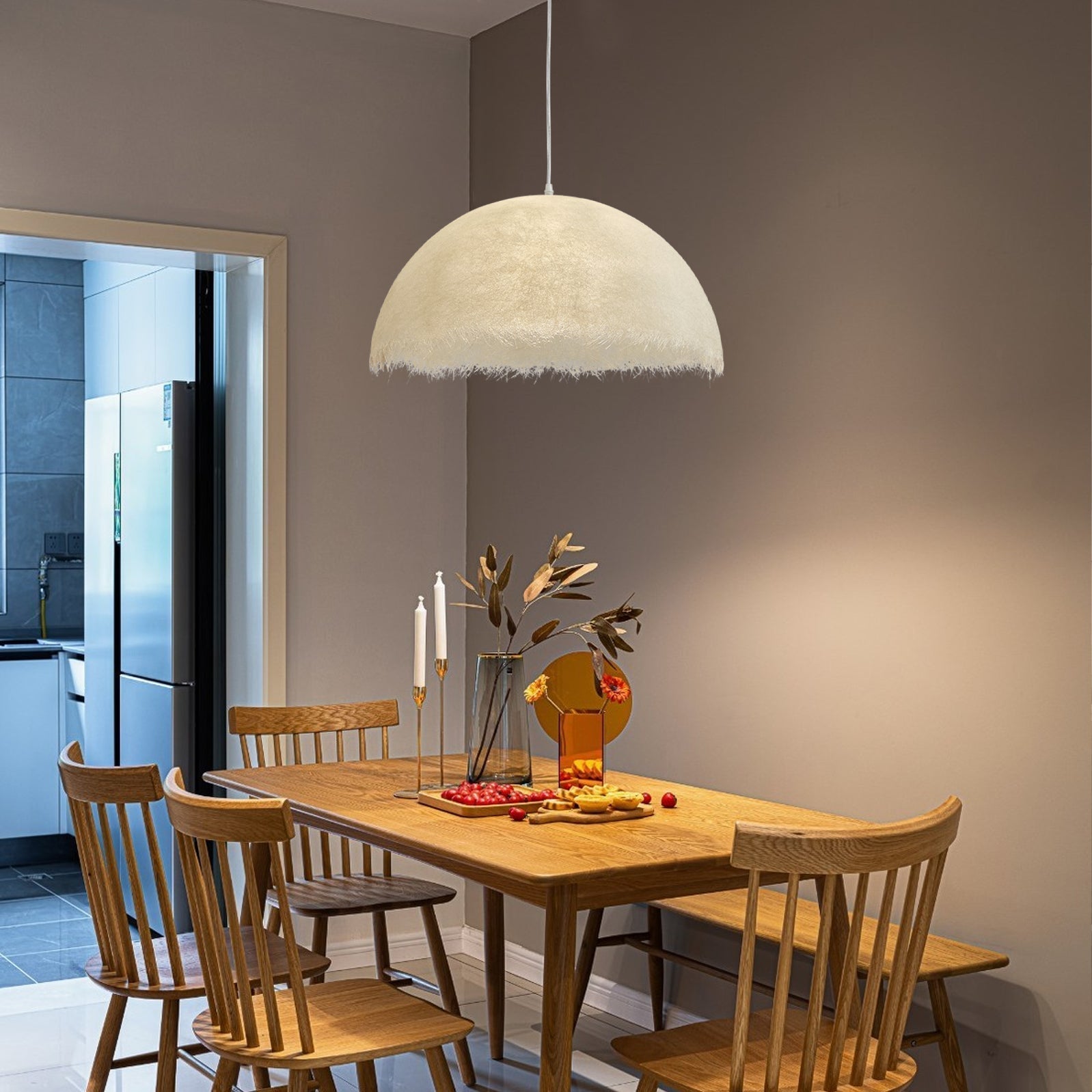 White Dome-Shape Feather Pendant Light