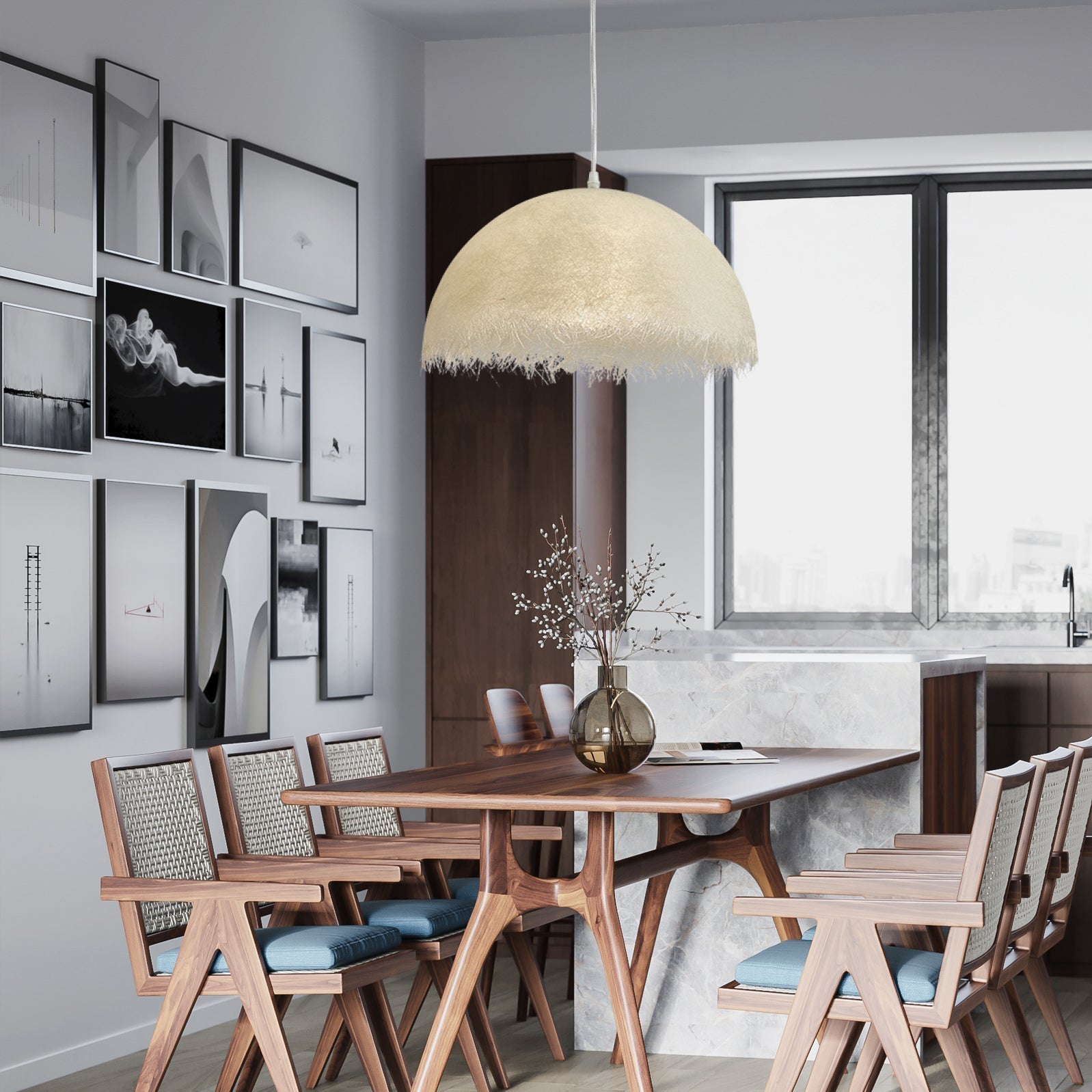 White Dome-Shape Feather Pendant Light