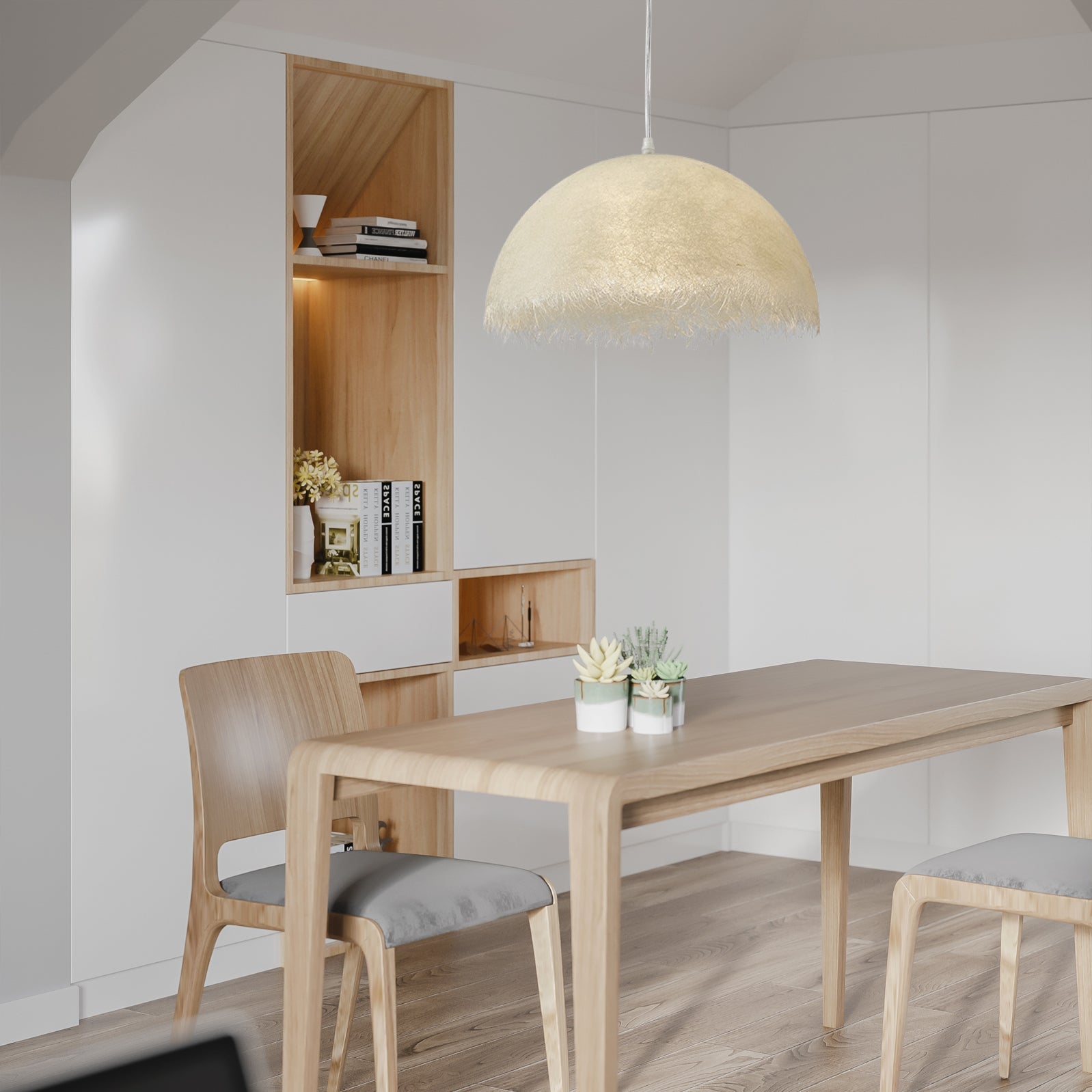 White Dome-Shape Feather Pendant Light