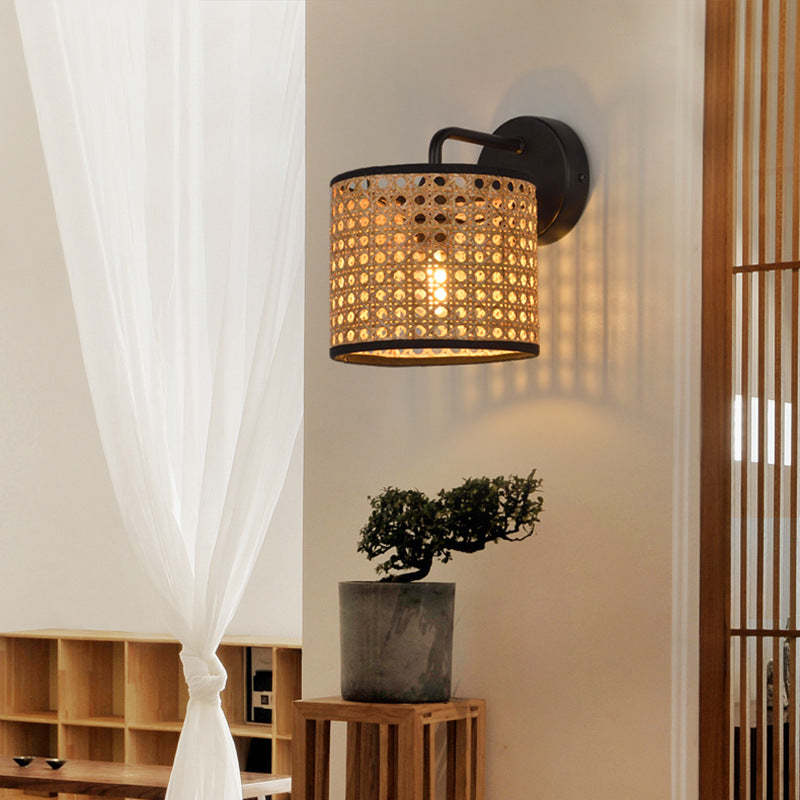 Boho Rattan Wall Sconce – Woven Drum LED Wall Light in Black Finish