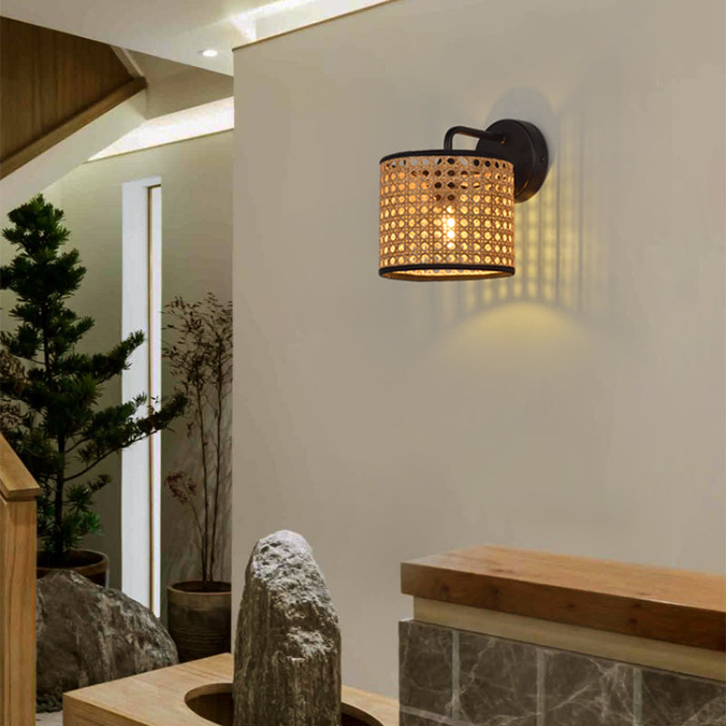 Boho Rattan Wall Sconce – Woven Drum LED Wall Light in Black Finish