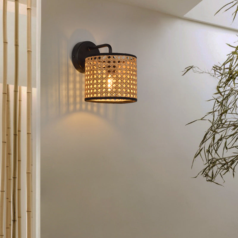 Boho Rattan Wall Sconce – Woven Drum LED Wall Light in Black Finish