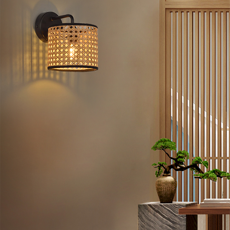 Boho Rattan Wall Sconce – Woven Drum LED Wall Light in Black Finish