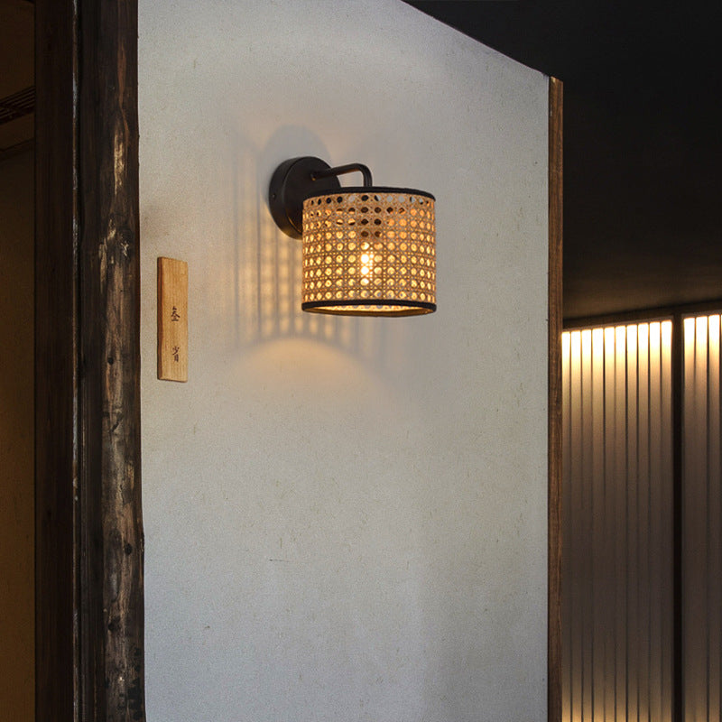 Boho Rattan Wall Sconce – Woven Drum LED Wall Light in Black Finish