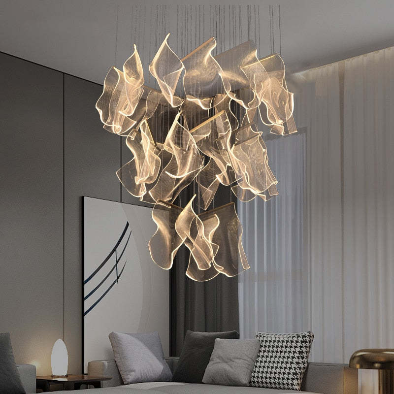 Stylish Acrylic & Metal Chandelier – Ribbon-Inspired Design Lighting Fixture
