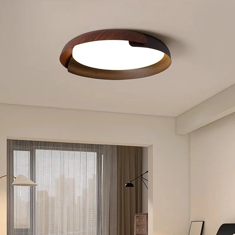 Modern Flush Mount Wood Ceiling Light | Round Acrylic Bedroom Light