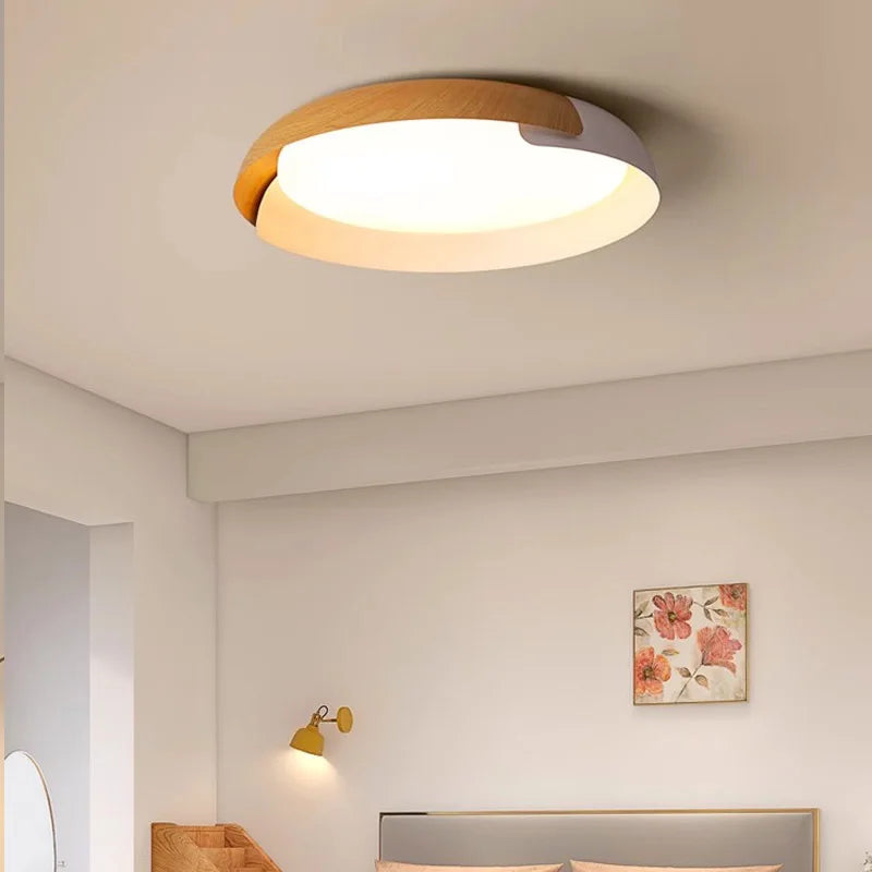 Modern Flush Mount Wood Ceiling Light | Round Acrylic Bedroom Light