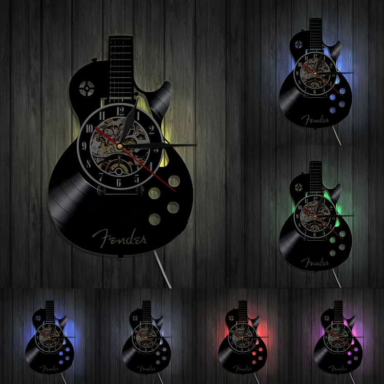Guitar-Shaped Vinyl Wall Clock with LED Lights – Cool Decor for Music Fans
