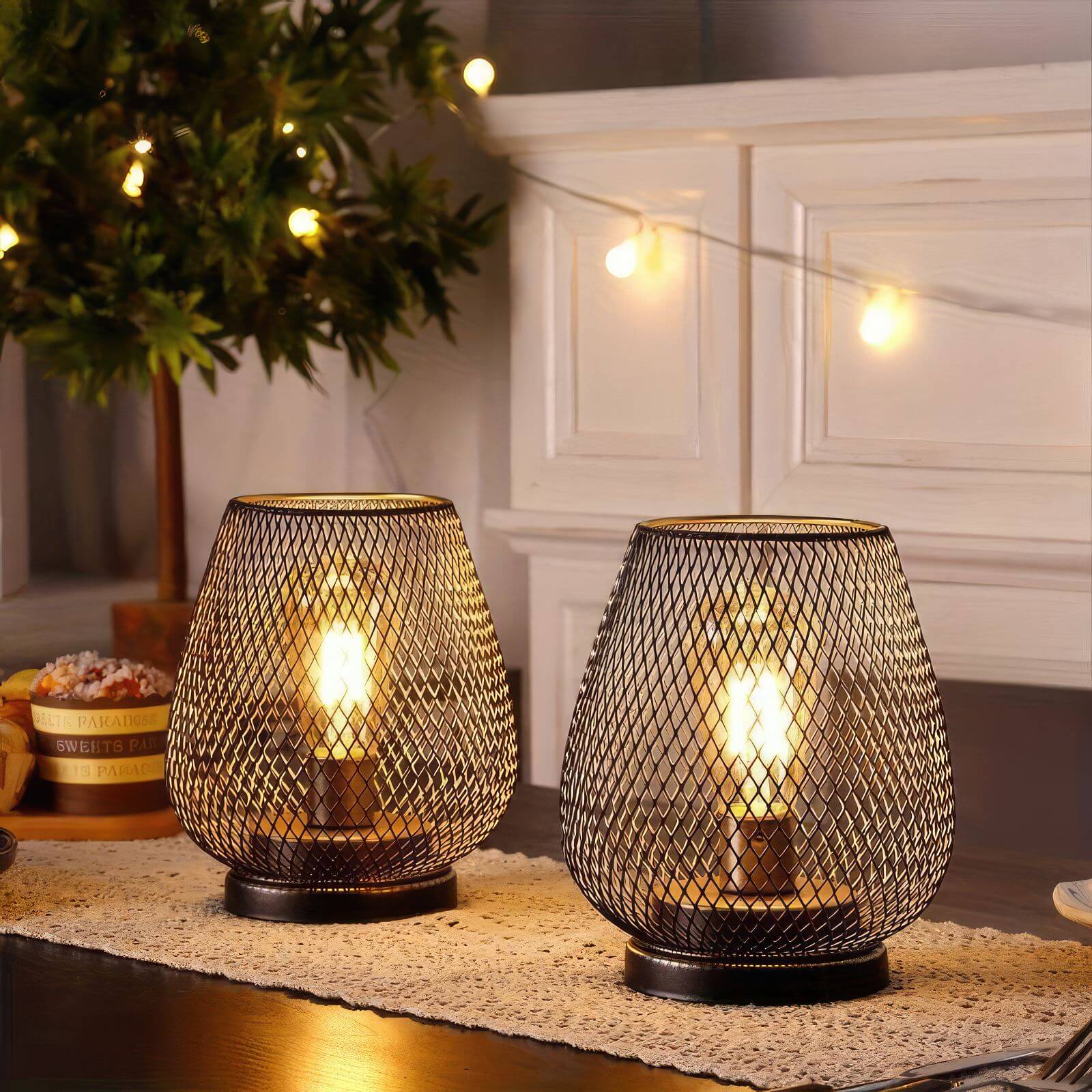 Cordless Black Metal Cage Table Lamp | Battery Powered | Indoor Use