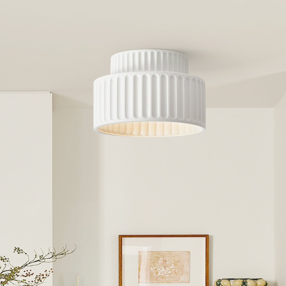 Cream Fabric Drum Ceiling Lamp - Vintage Semi-Flush Mount Fixture