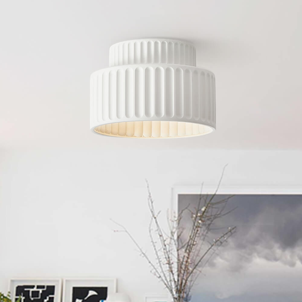 Cream Fabric Drum Ceiling Lamp - Vintage Semi-Flush Mount Fixture